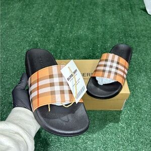 Burberry Black and Orange Check Slide Sandals